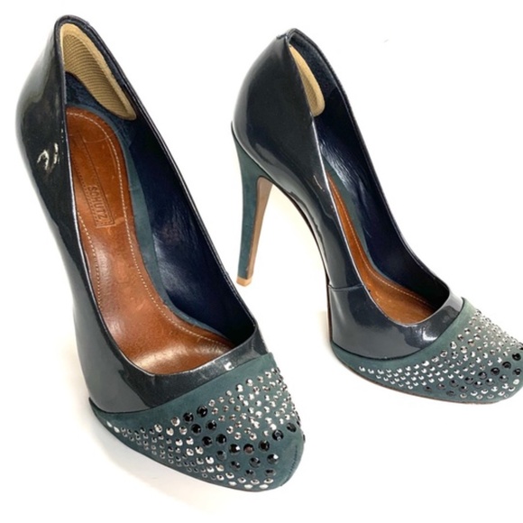 SCHUTZ Smoky Pewter Suede Studded Platform Pumps, 37/6 - Picture 4 of 8